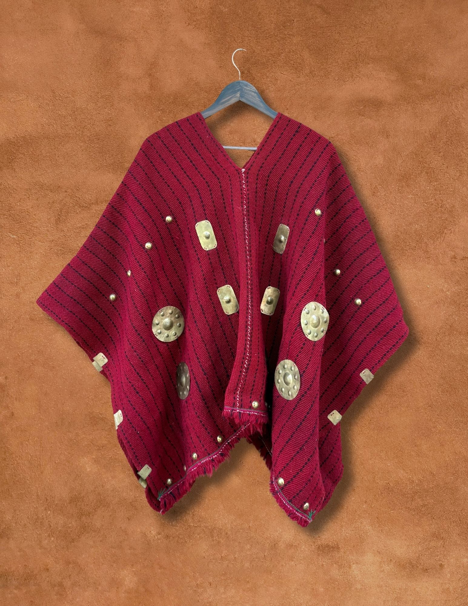 Vintage Handwoven Poncho with Brass Metal Detail