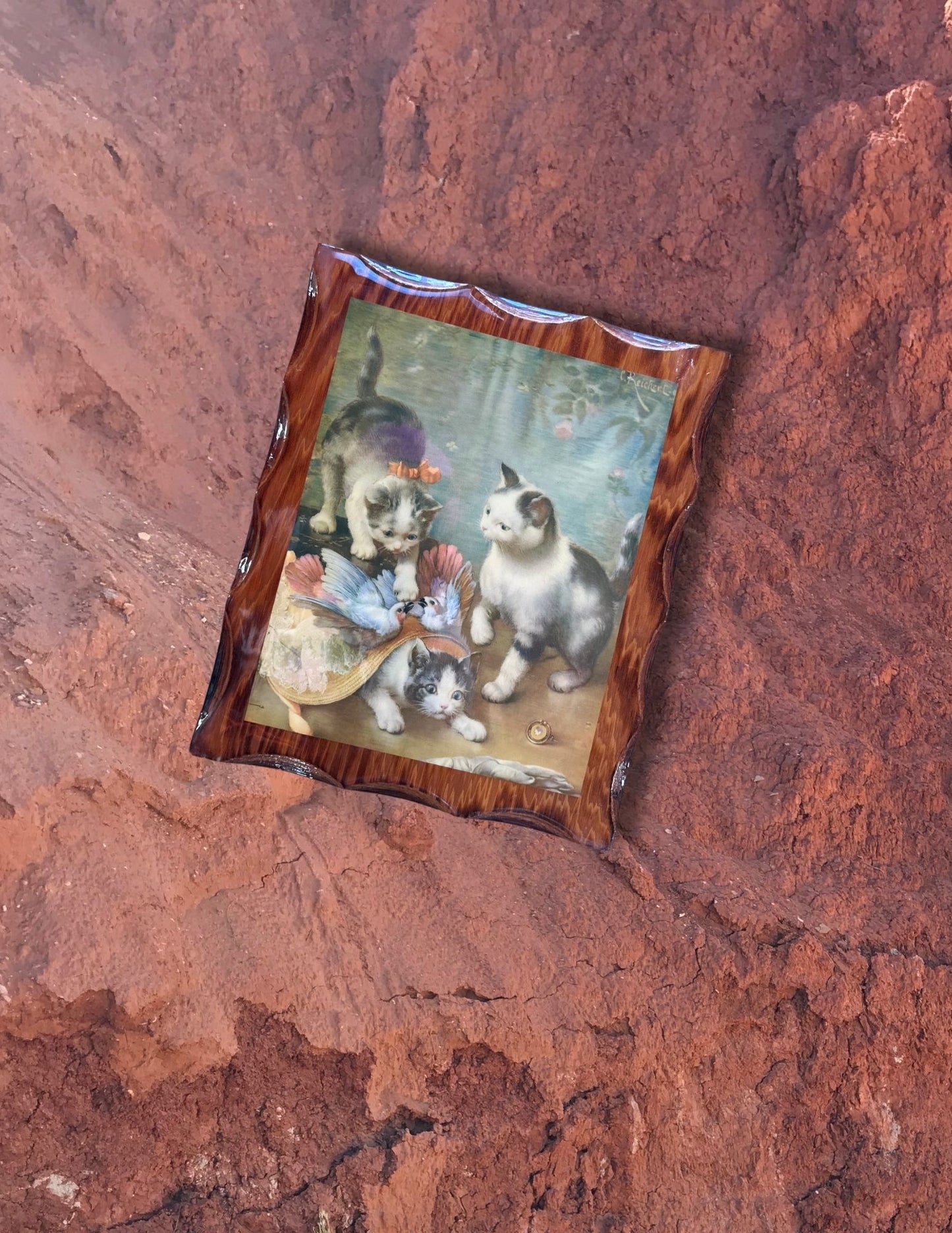 CAT LADY Vintage Lacquered Cat Artwork on Wooden Base