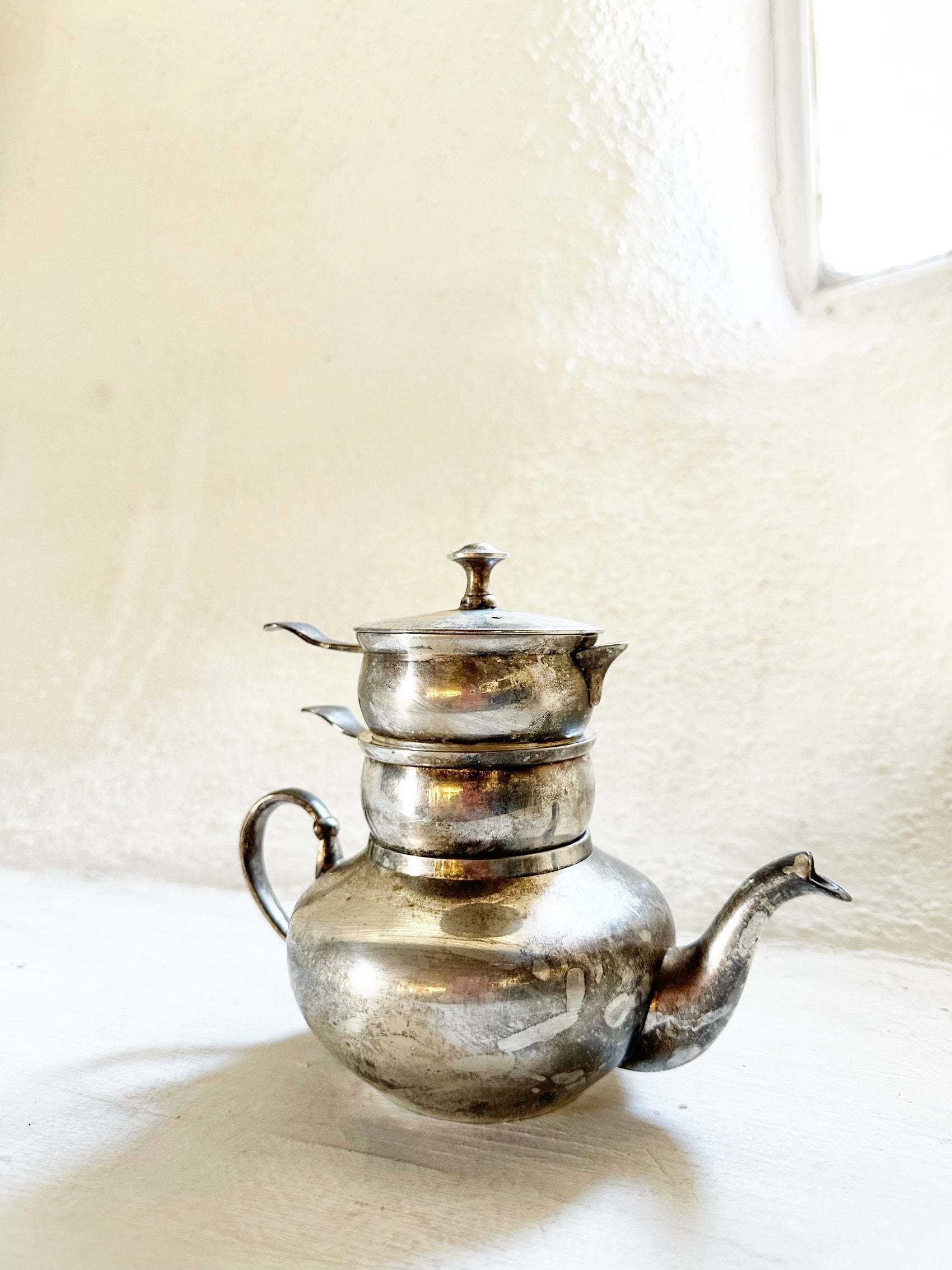 Vintage India Tea Pot Set Silver Plated Stacking Teapot