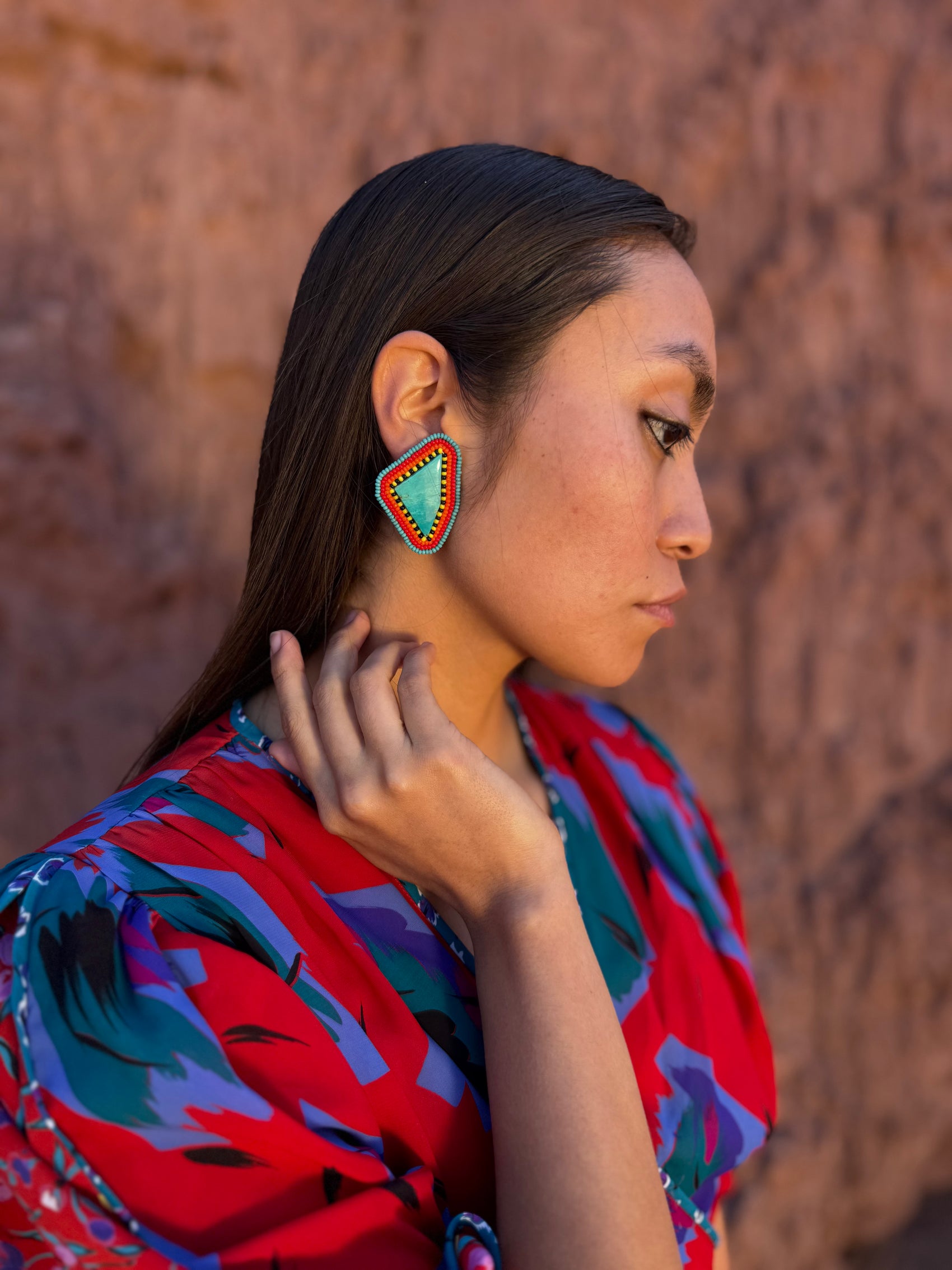 Vintage 70s Beaded Turquoise Geo Earrings