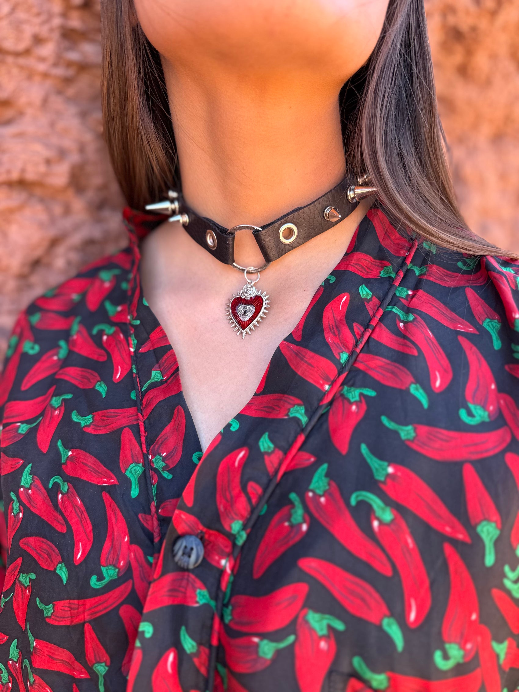Flaming Heart Punk Leather Choker by Kisikahwskew Big Bow