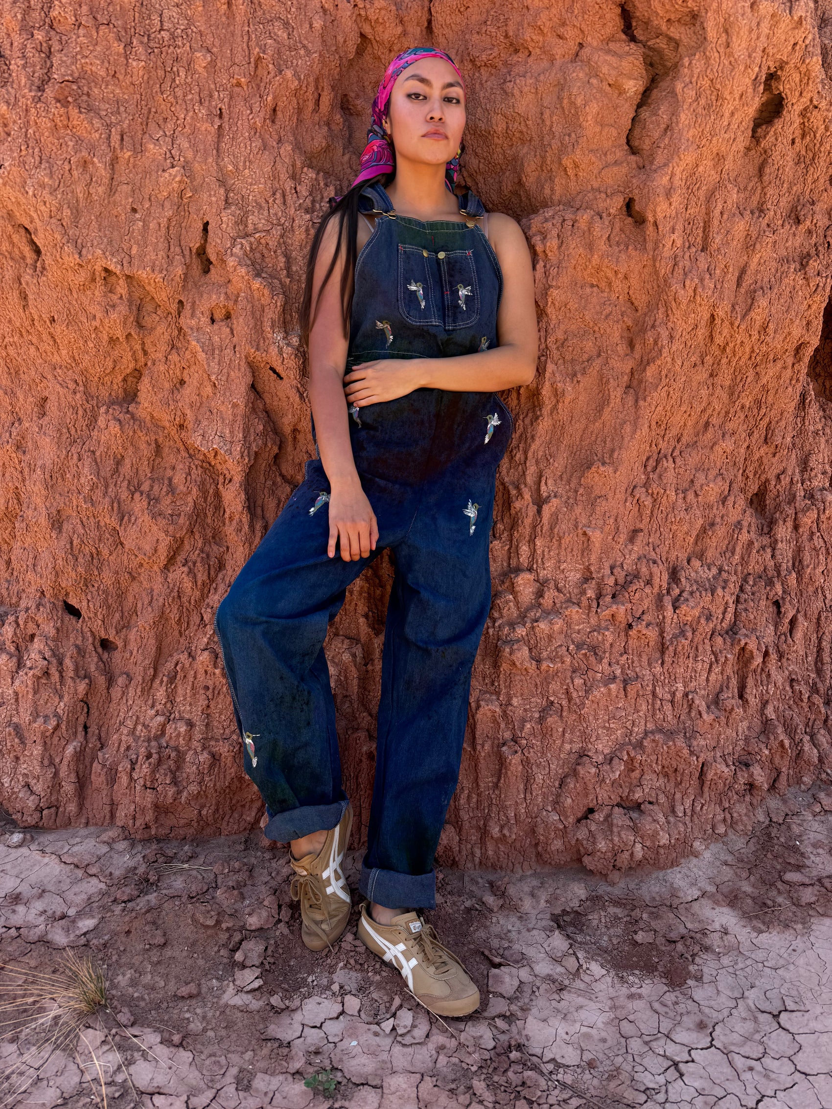 Upcycled Vintage Denim Overalls with Hummingbirds