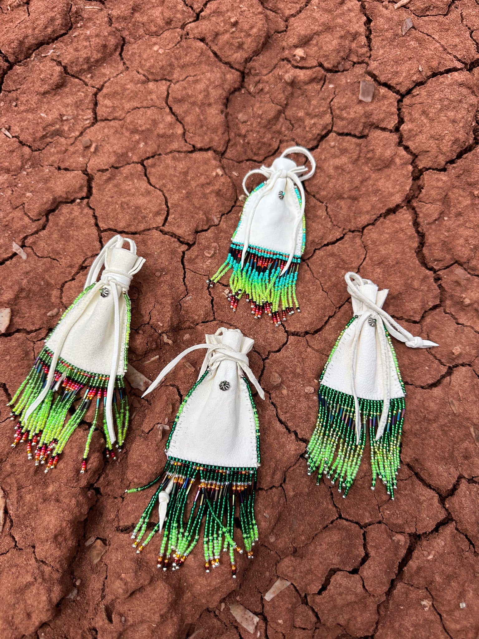 Navajo Made Handbeaded Buckskin Bags-Greens