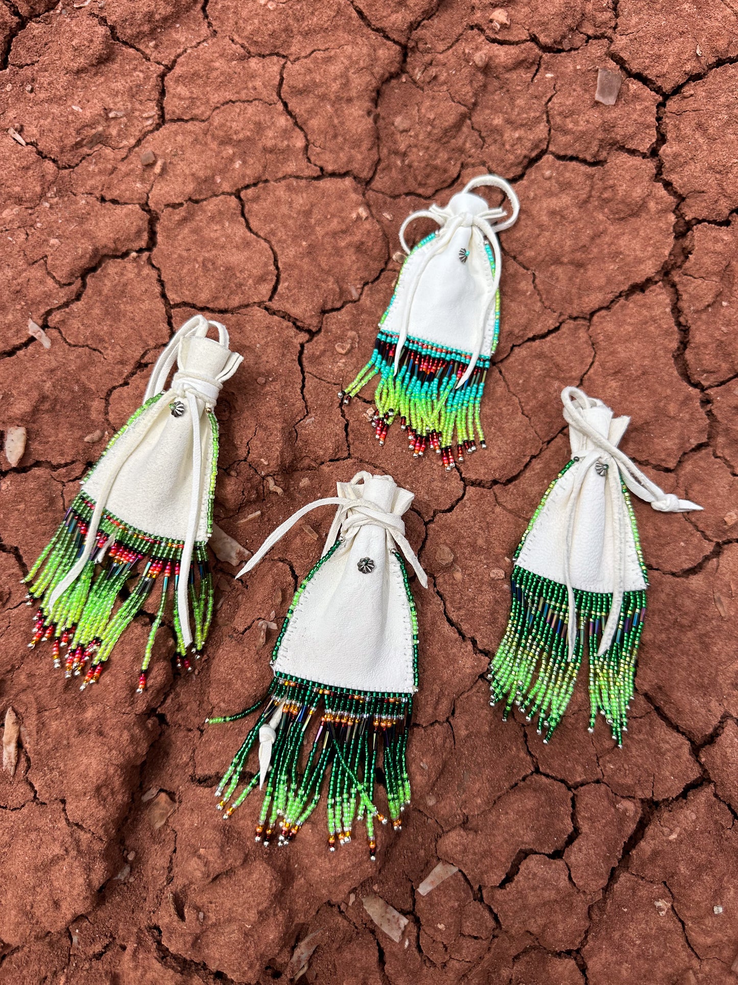 Navajo Made Handbeaded Buckskin Bags-Greens