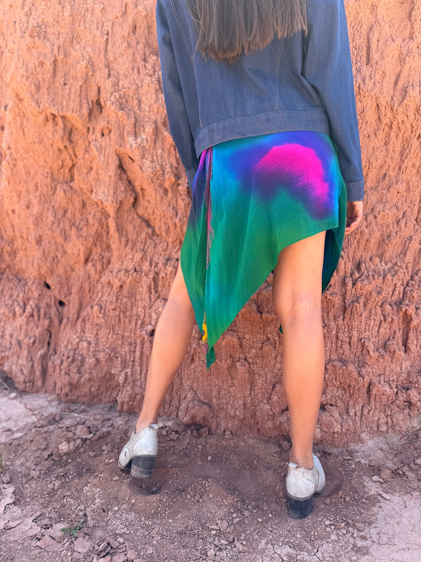 Vintage 90s Silk Asymmetrical Peacock Skirt