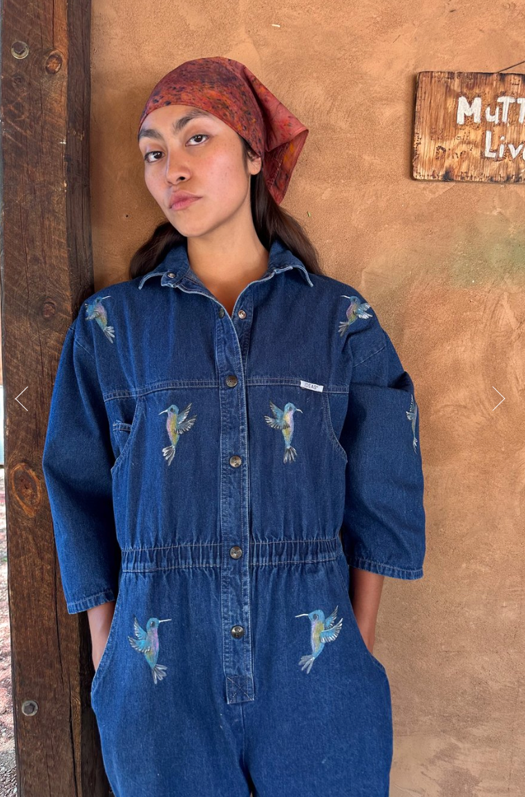 Upcycled Vintage Denim 80s Jumpsuit Handpainted by Emily Jacket 4KINSHIP