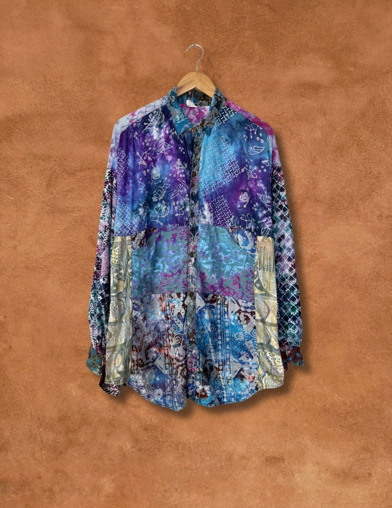 Vintage 70s Oversized Patchwork Hippie Shirt 48 x 33
