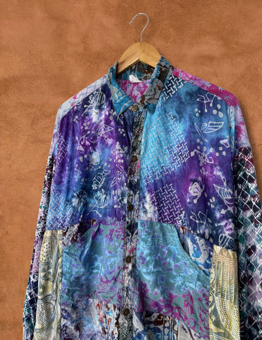 Vintage 70s Oversized Patchwork Hippie Shirt 48 x 33