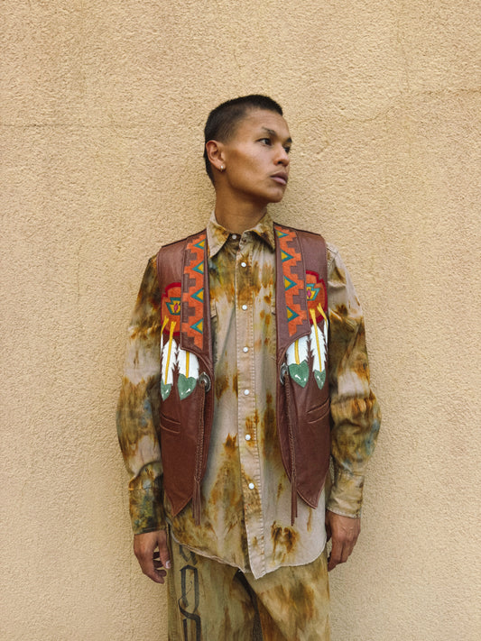Rare Vintage 70s Applique Leather Vest 44 x 27
