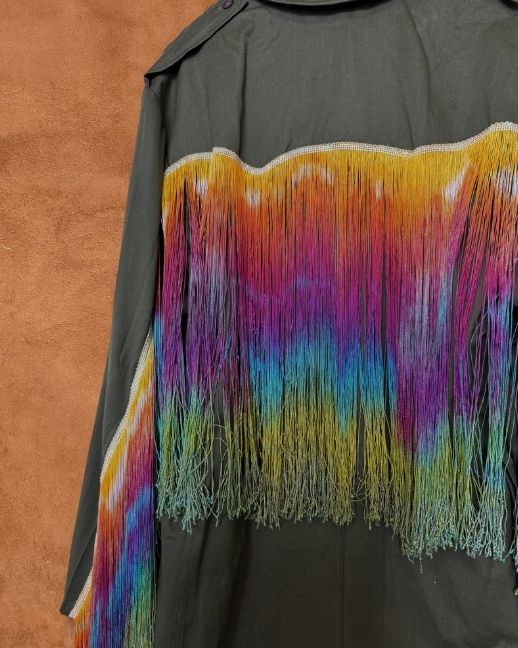 Upcycled Vintage Military Trench Coat- Rainbow