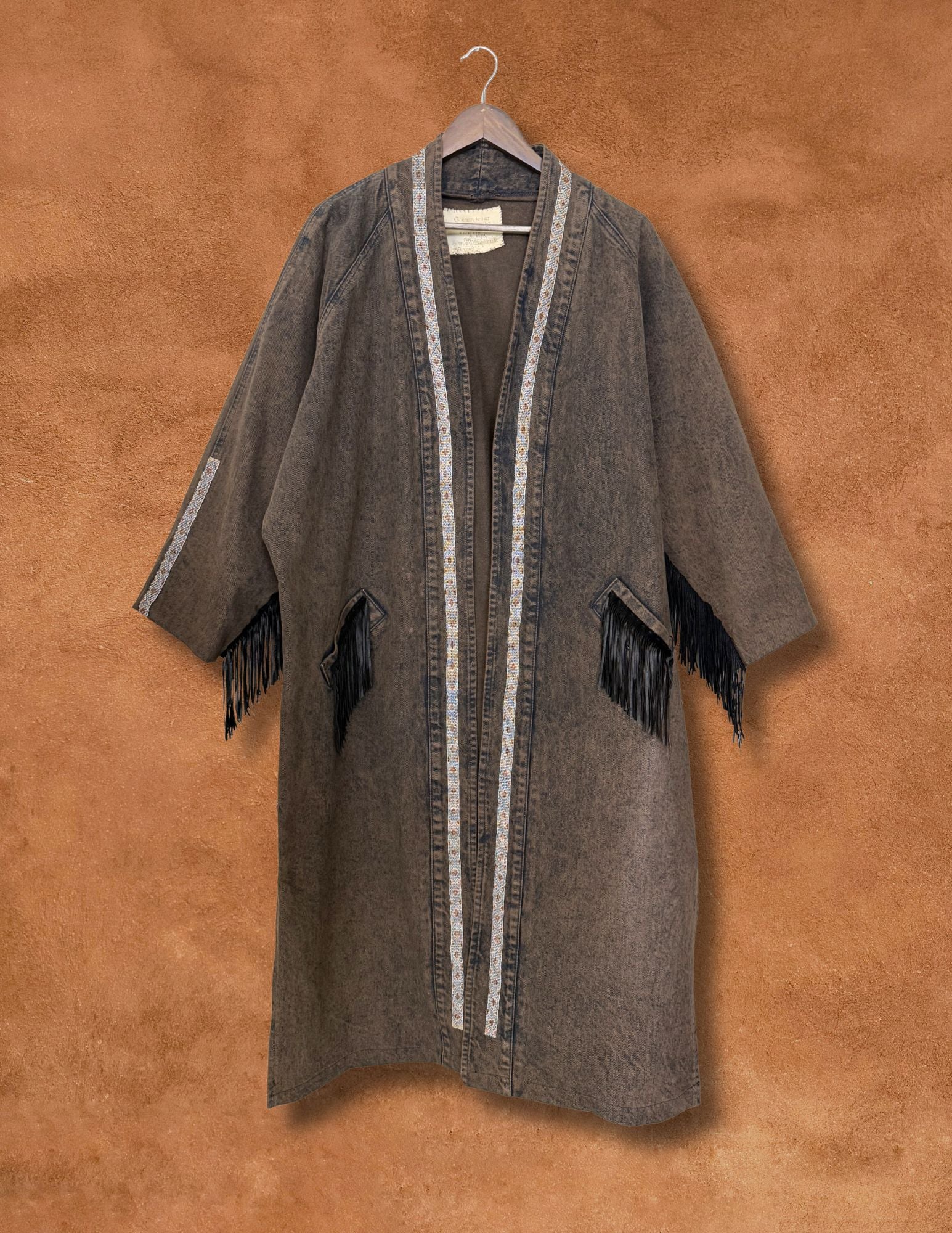 Vintage 80s Handbeaded Denim Duster 60 x 49