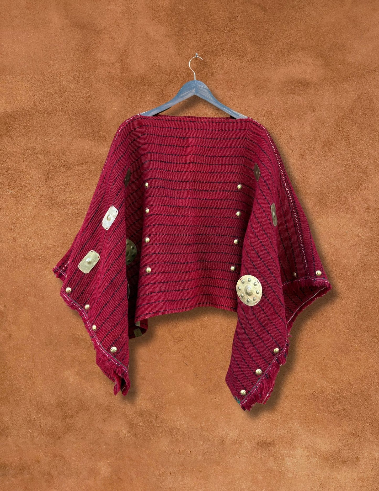 Vintage Handwoven Poncho with Brass Metal Detail