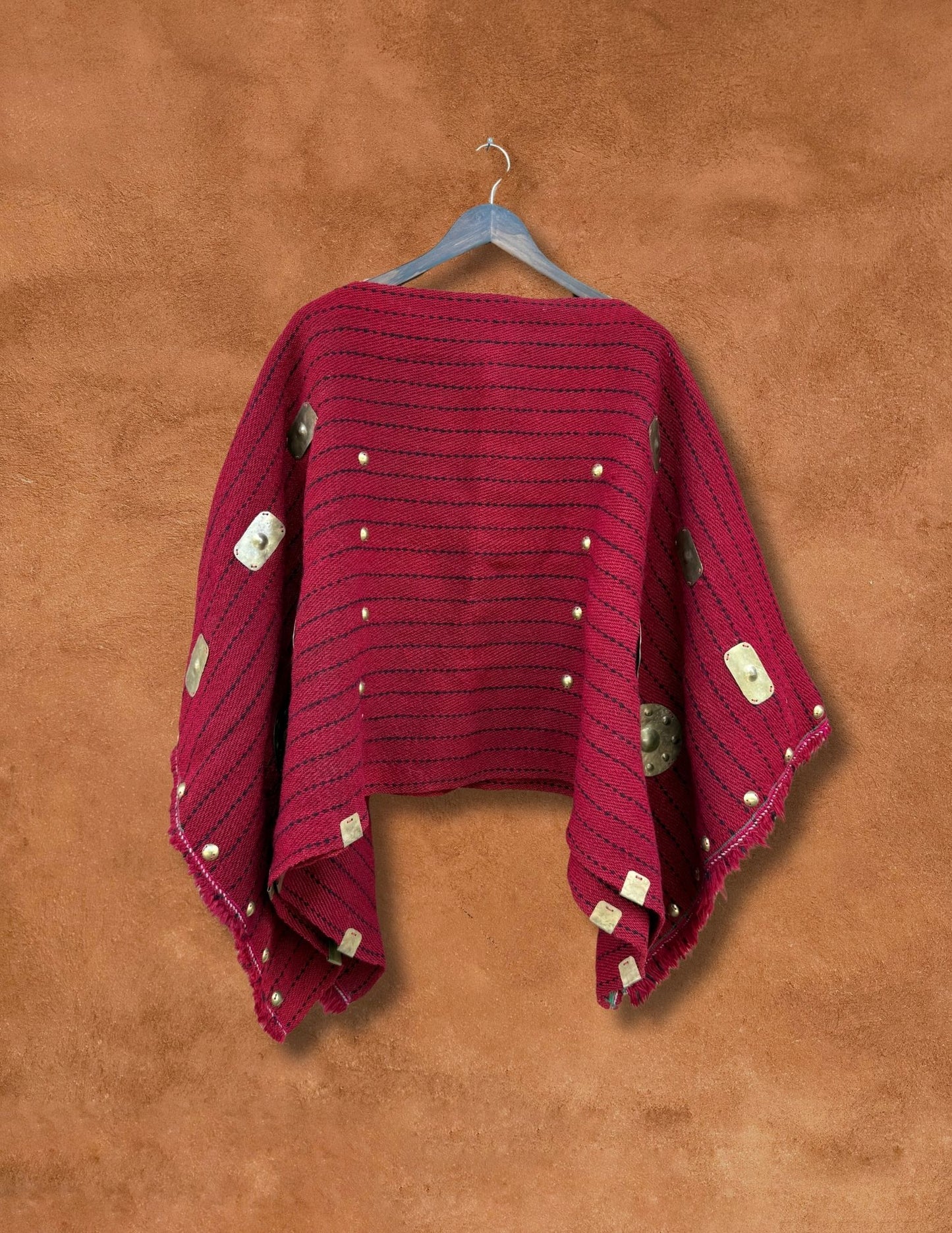 Vintage Handwoven Poncho with Brass Metal Detail