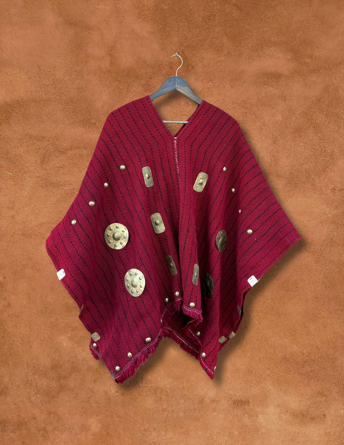 Vintage Handwoven Poncho with Brass Metal Detail
