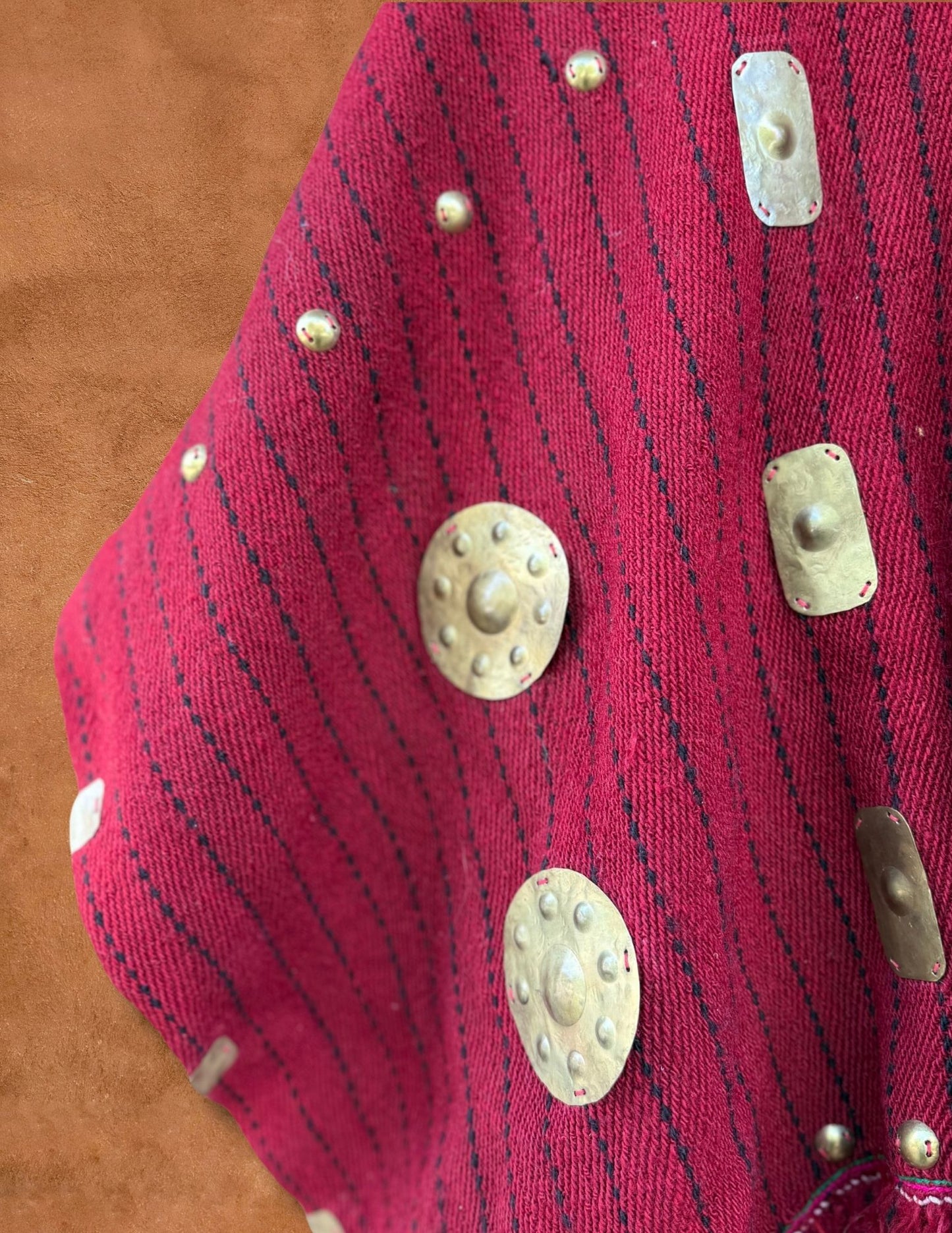 Vintage Handwoven Poncho with Brass Metal Detail