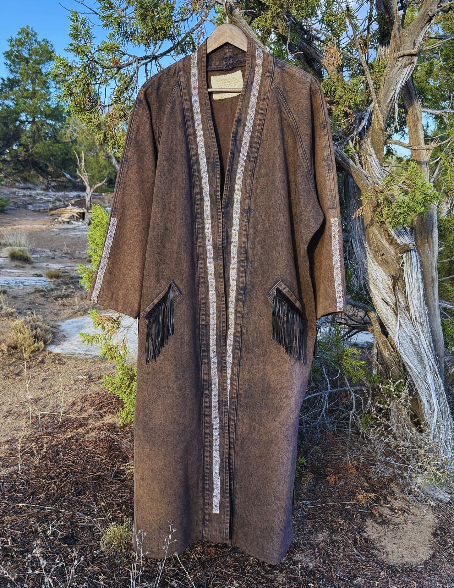 Vintage 80s Handbeaded Denim Duster 60 x 49