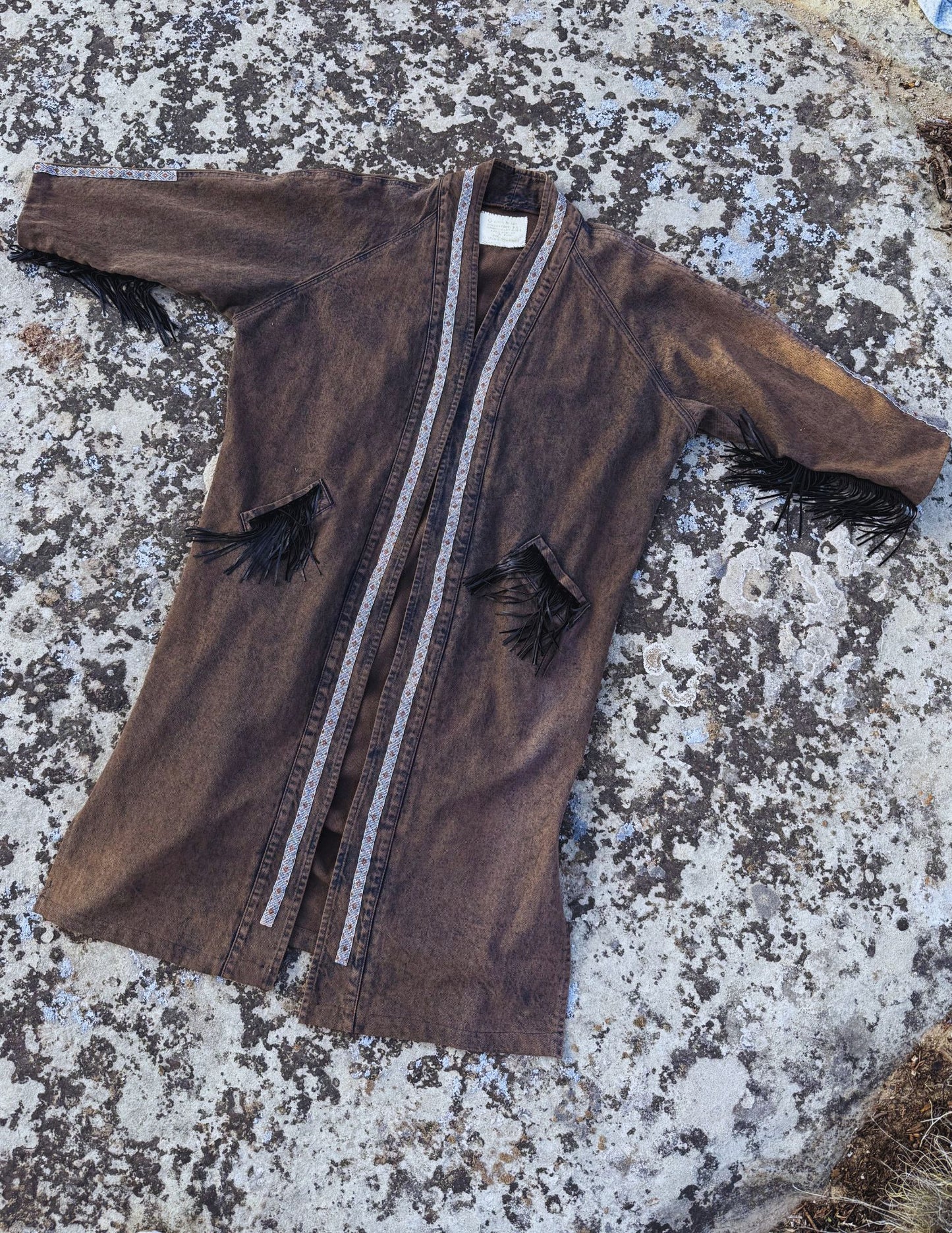 Vintage 80s Handbeaded Denim Duster 60 x 49