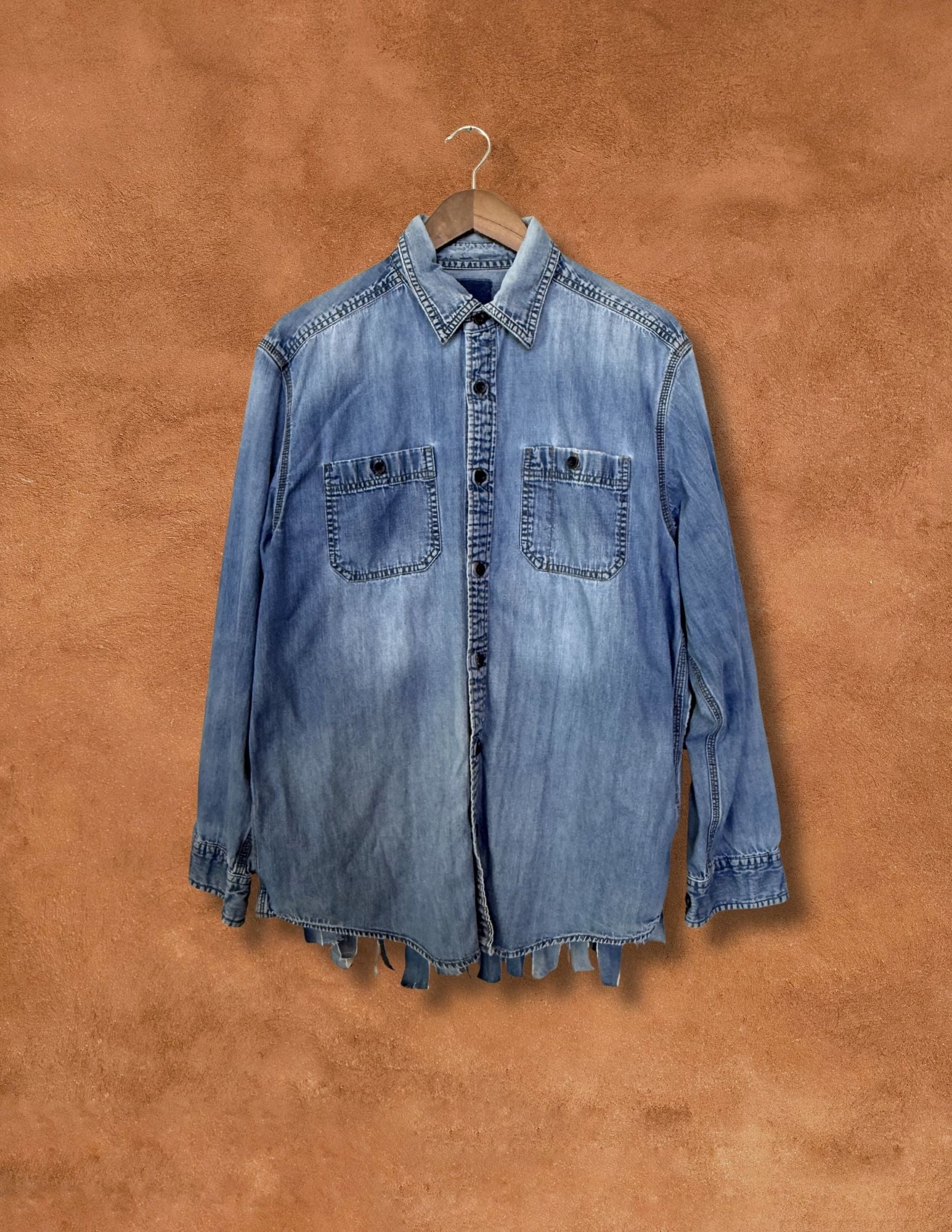 Vintage 90s Fringed Denim Shirt 46 x 28