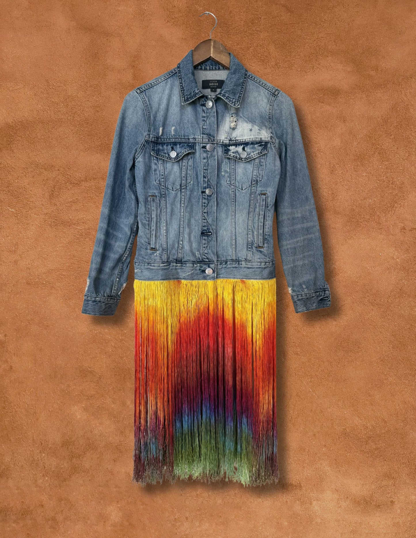 Upcycled 90s Vintage Denim Fringe Jacket 36 x 22