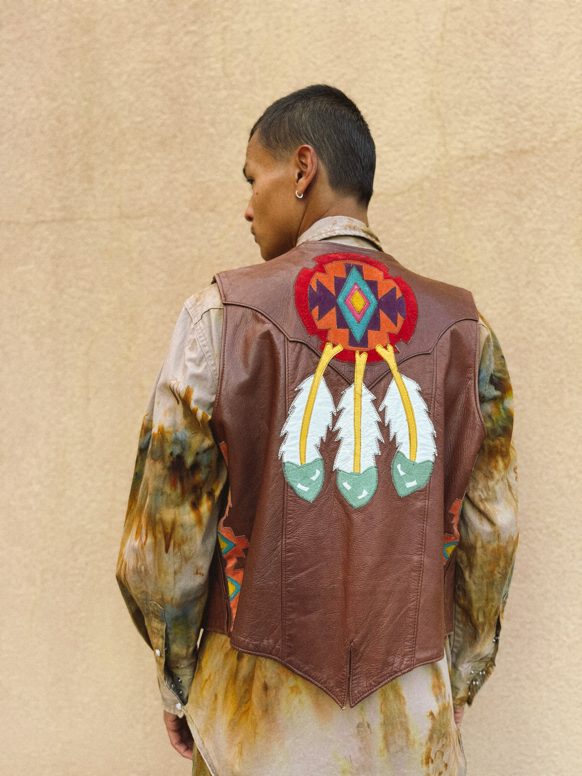 Rare Vintage 70s Applique Leather Vest 44 x 27