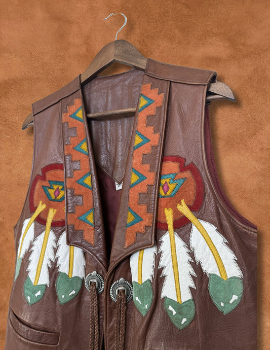Rare Vintage 70s Applique Leather Vest 44 x 27
