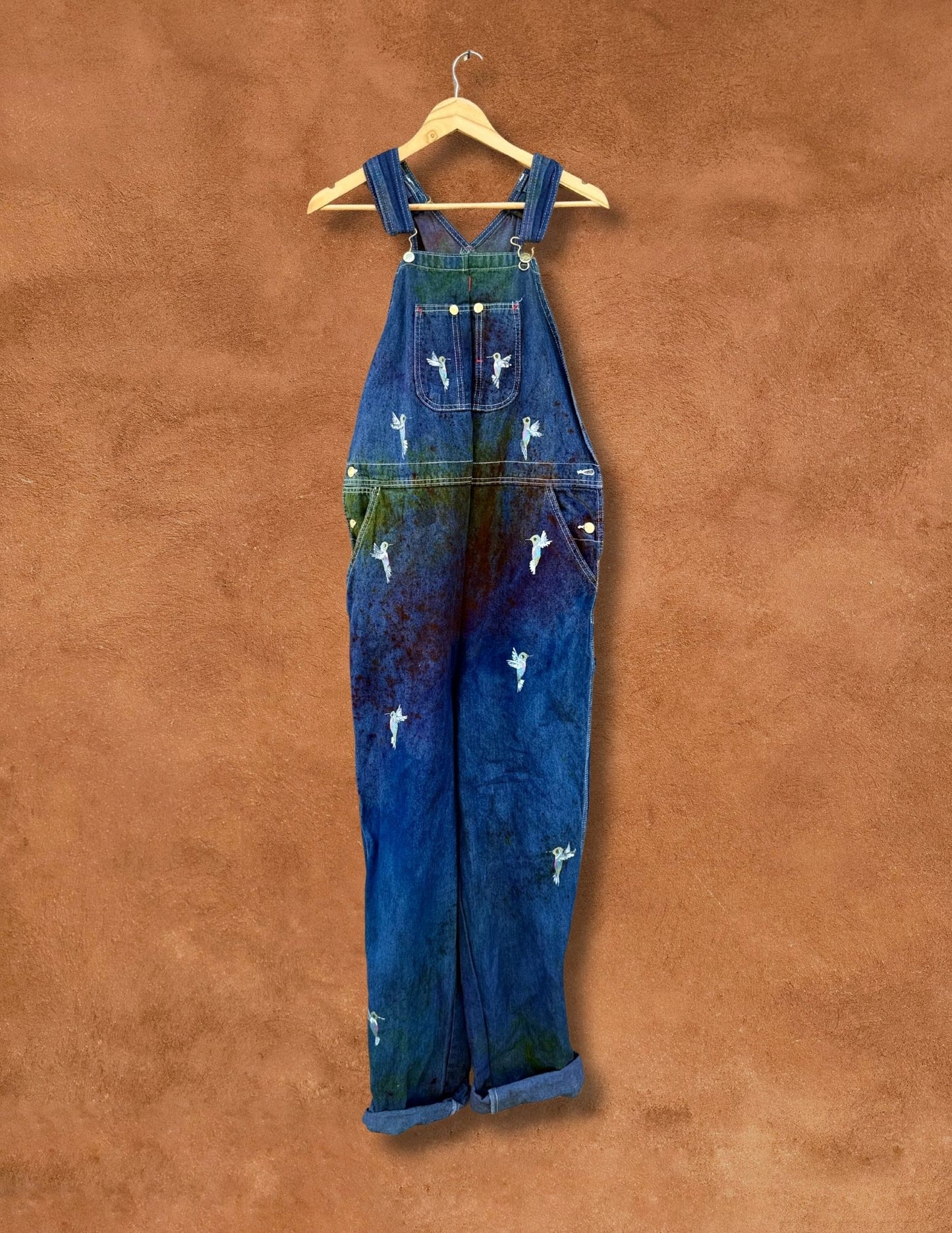 Upcycled Vintage Denim Overalls with Hummingbirds