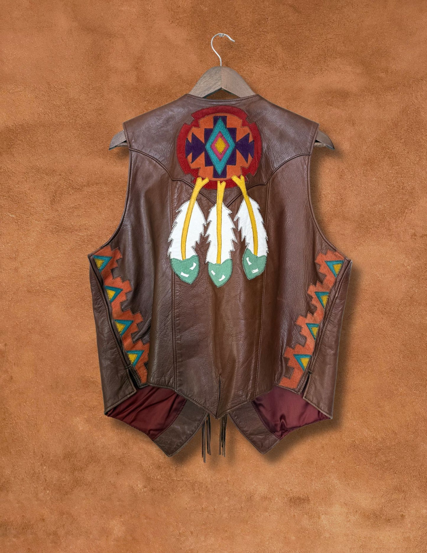 Rare Vintage 70s Applique Leather Vest 44 x 27