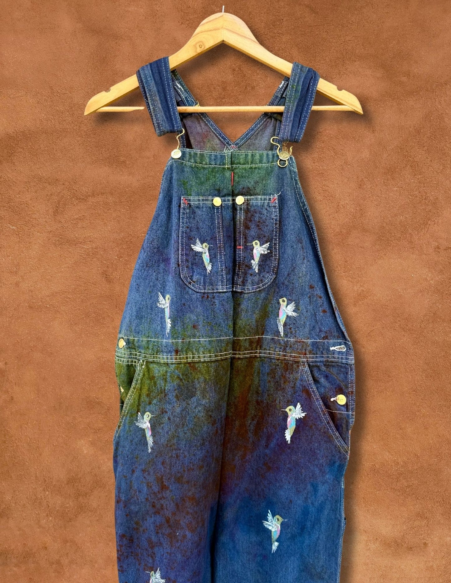 Upcycled Vintage Denim Overalls with Hummingbirds