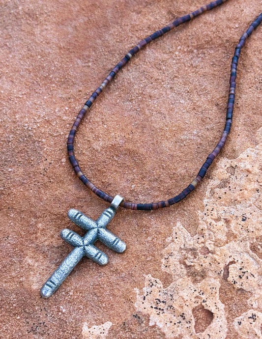 🤎 Vintage Pueblo Cross on Hand-Strung Heishi Necklace