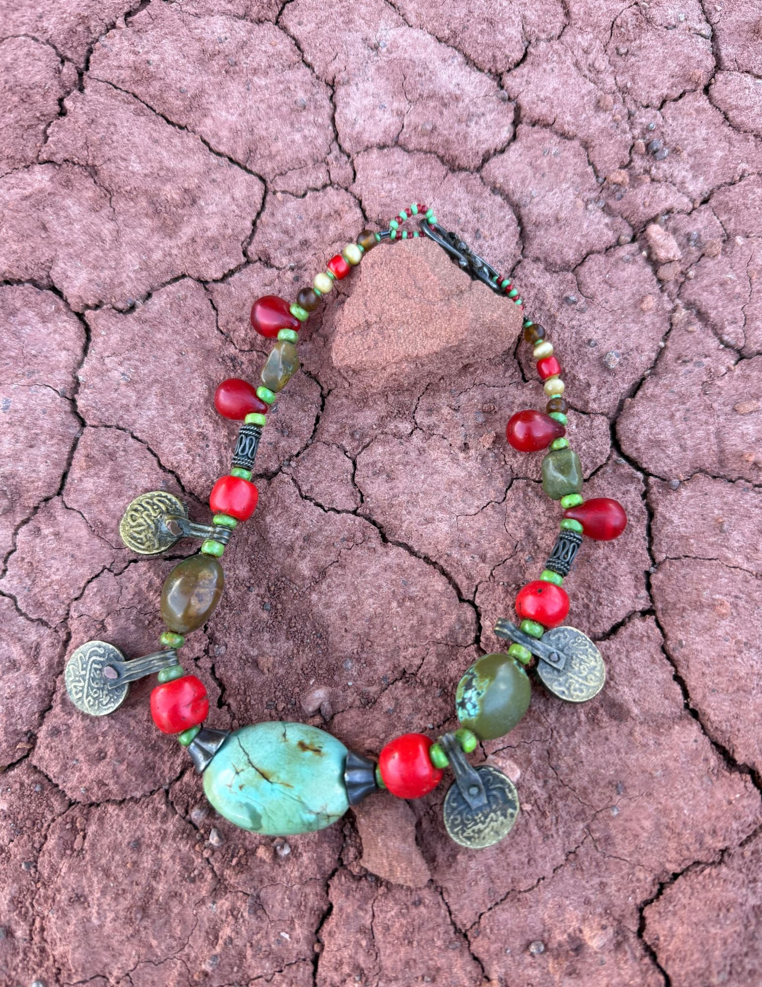 🤎 Vintage Turquoise, Antique Tibetan Coral &amp; Glass Moroccan Coin Necklace