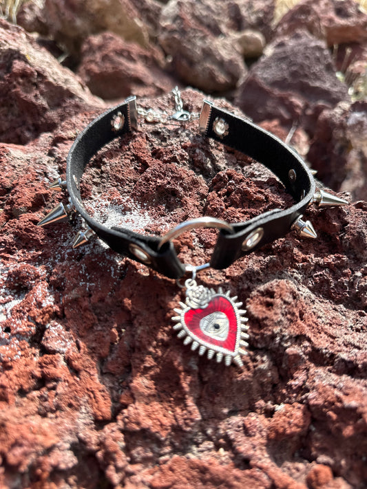 Flaming Heart Punk Leather Choker by Kisikahwskew Big Bow