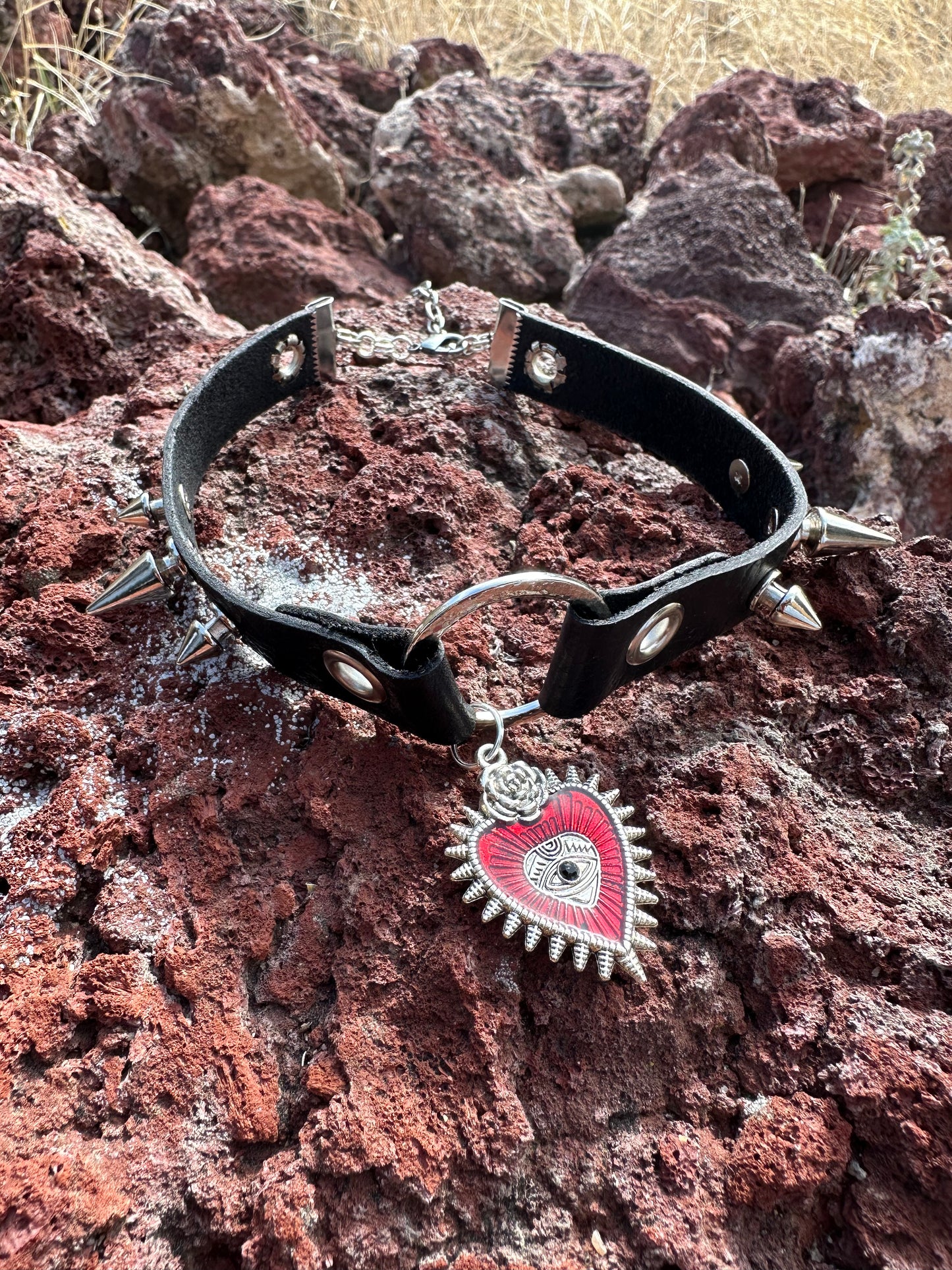 Flaming Heart Punk Leather Choker by Kisikahwskew Big Bow