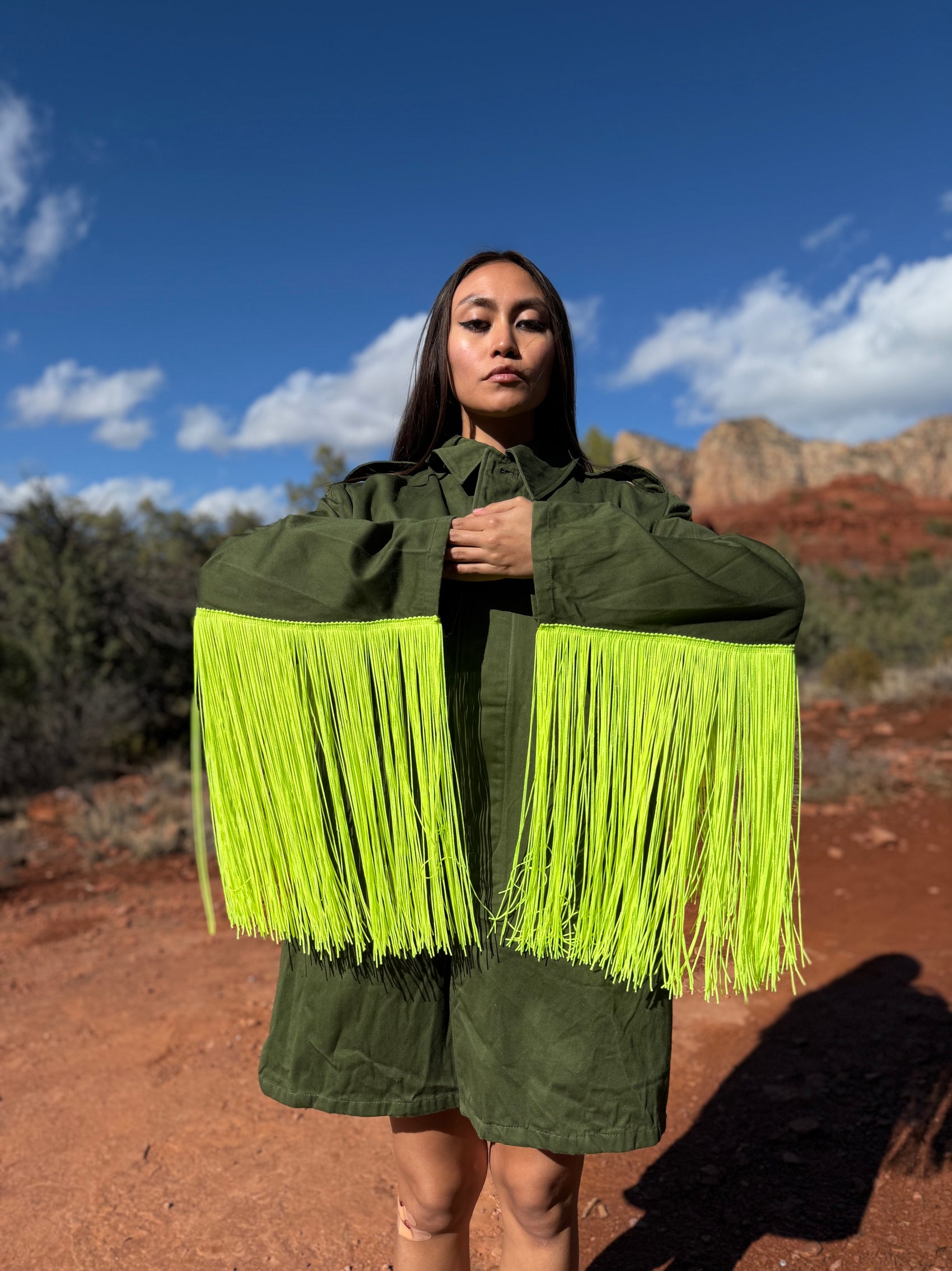 Upcycled Vintage Military Trench Coat- Neon Yellow