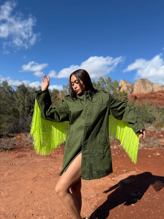Upcycled Vintage Military Trench Coat- Neon Yellow