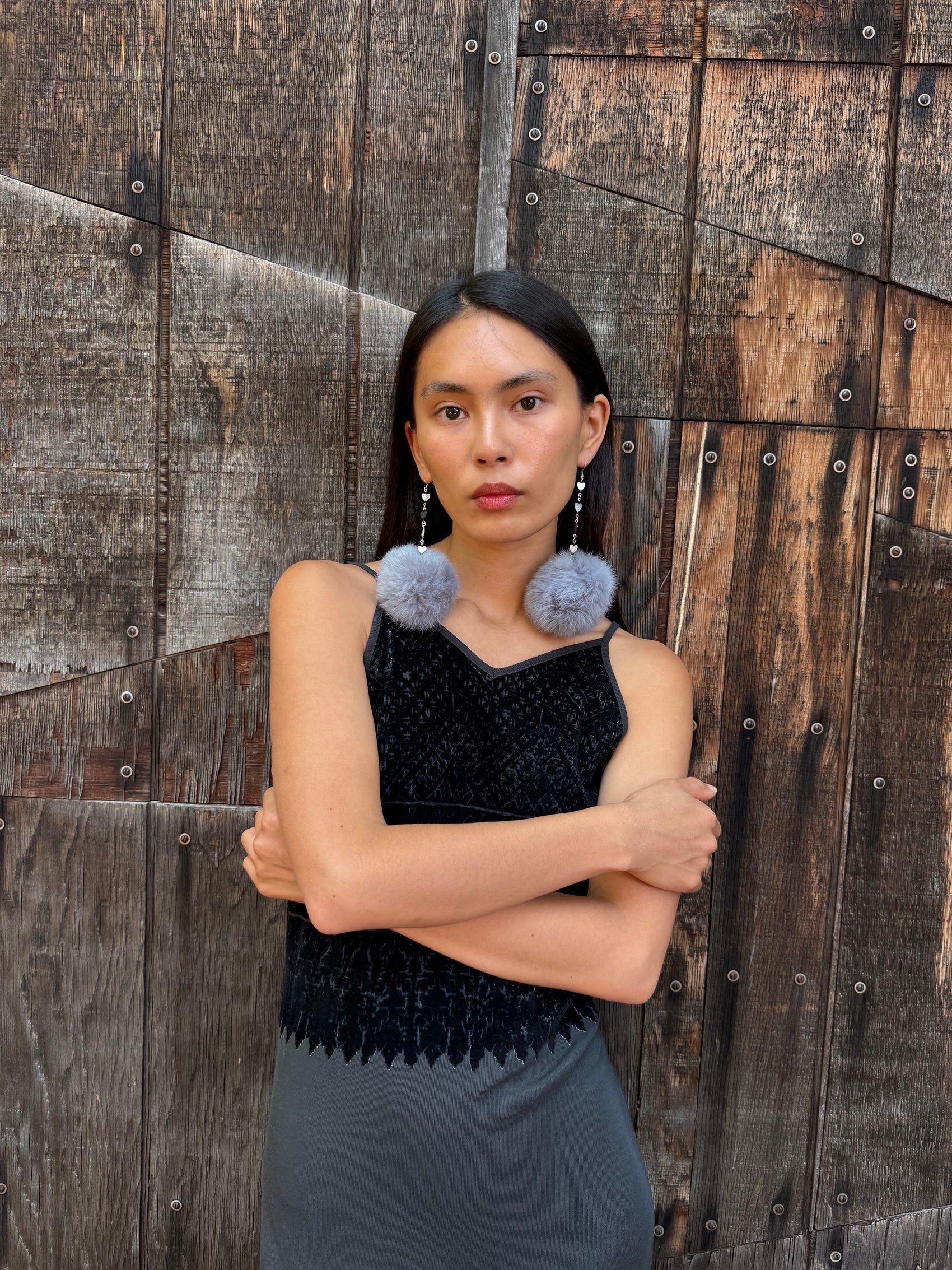 Fur Puff Earrings by Kisikahwskew Big Bow - Grey Butterfly