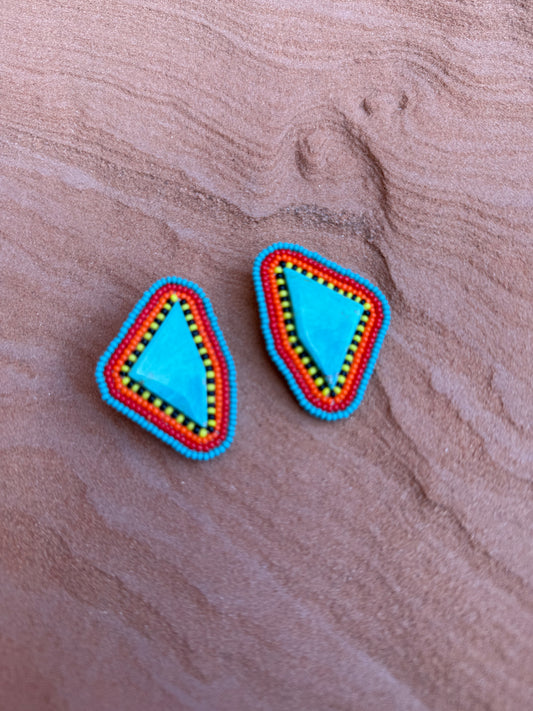 Vintage 70s Beaded Turquoise Geo Earrings