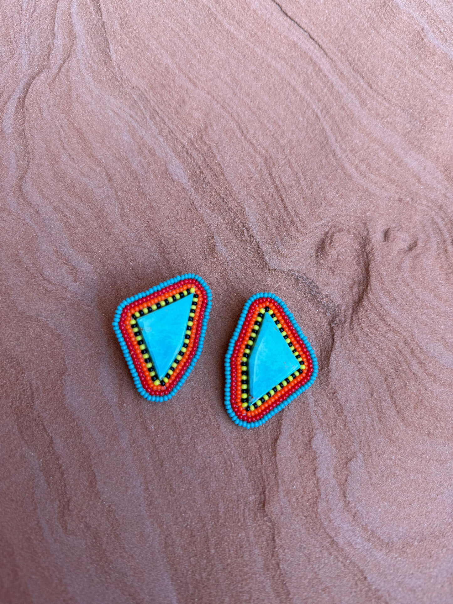 Vintage 70s Beaded Turquoise Geo Earrings