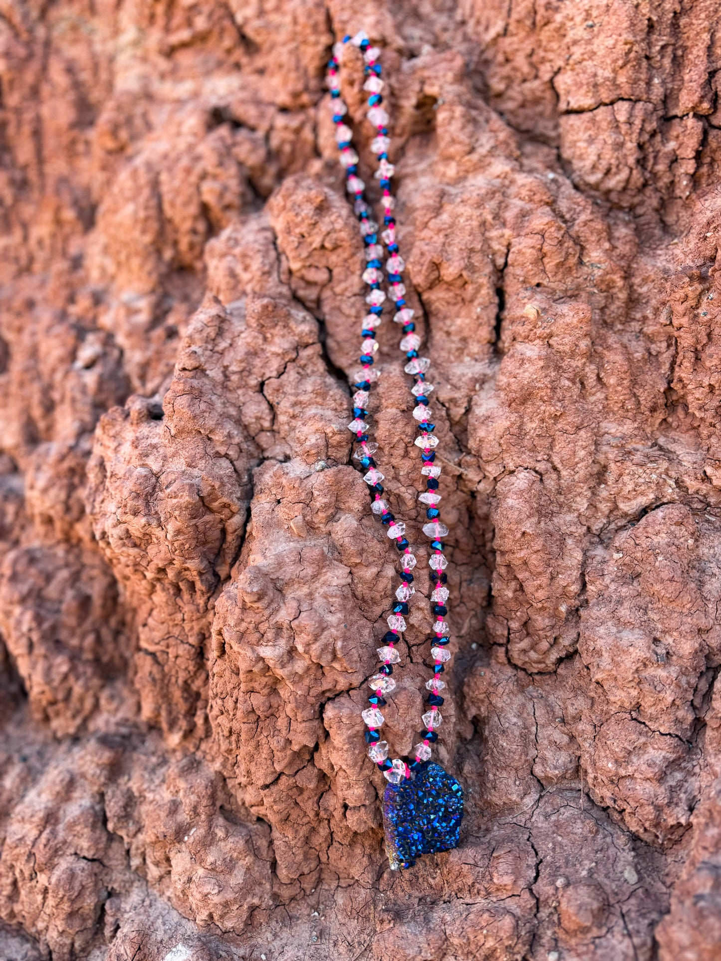 Vintage Raw Quartz + Blue Druzy Mala Necklace