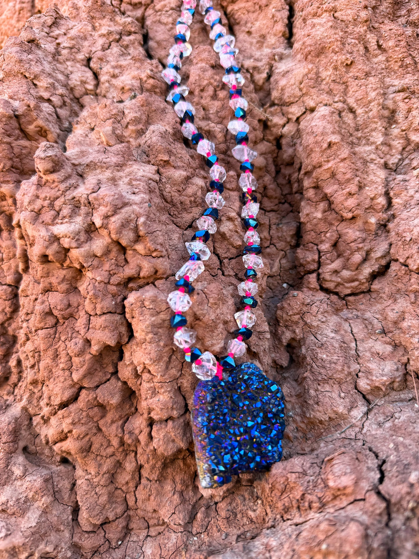 Vintage Raw Quartz + Blue Druzy Mala Necklace