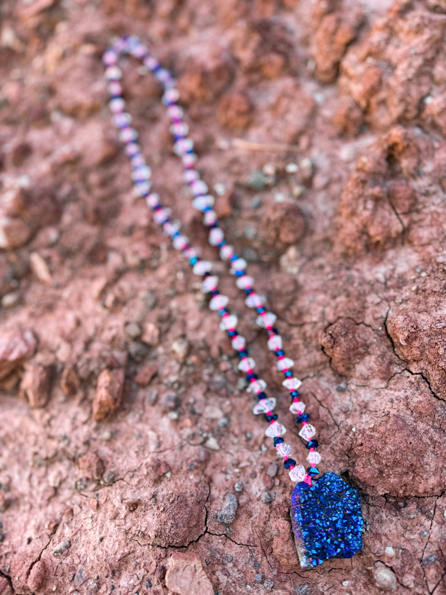 Vintage Raw Quartz + Blue Druzy Mala Necklace