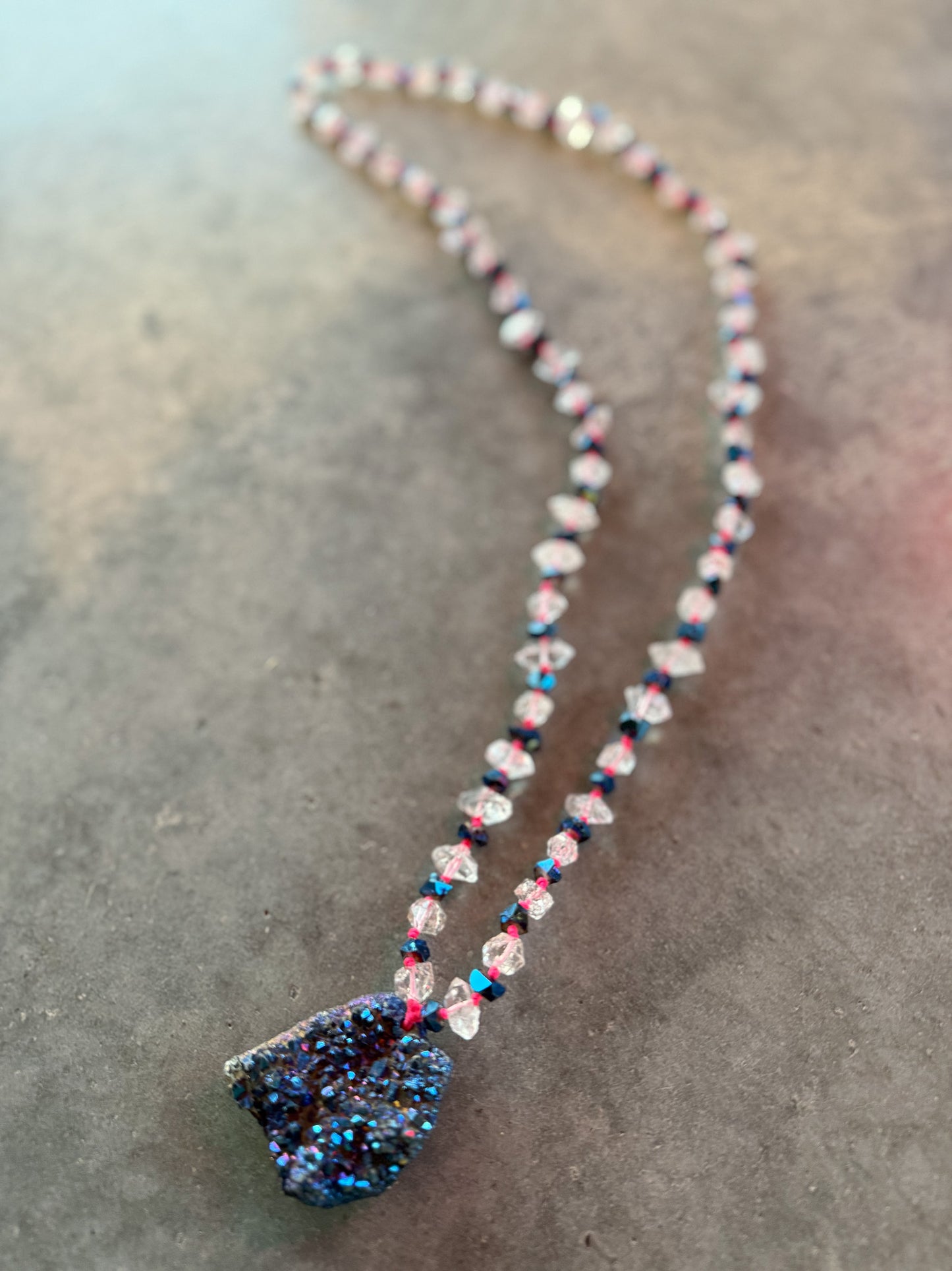 Vintage Raw Quartz + Blue Druzy Mala Necklace