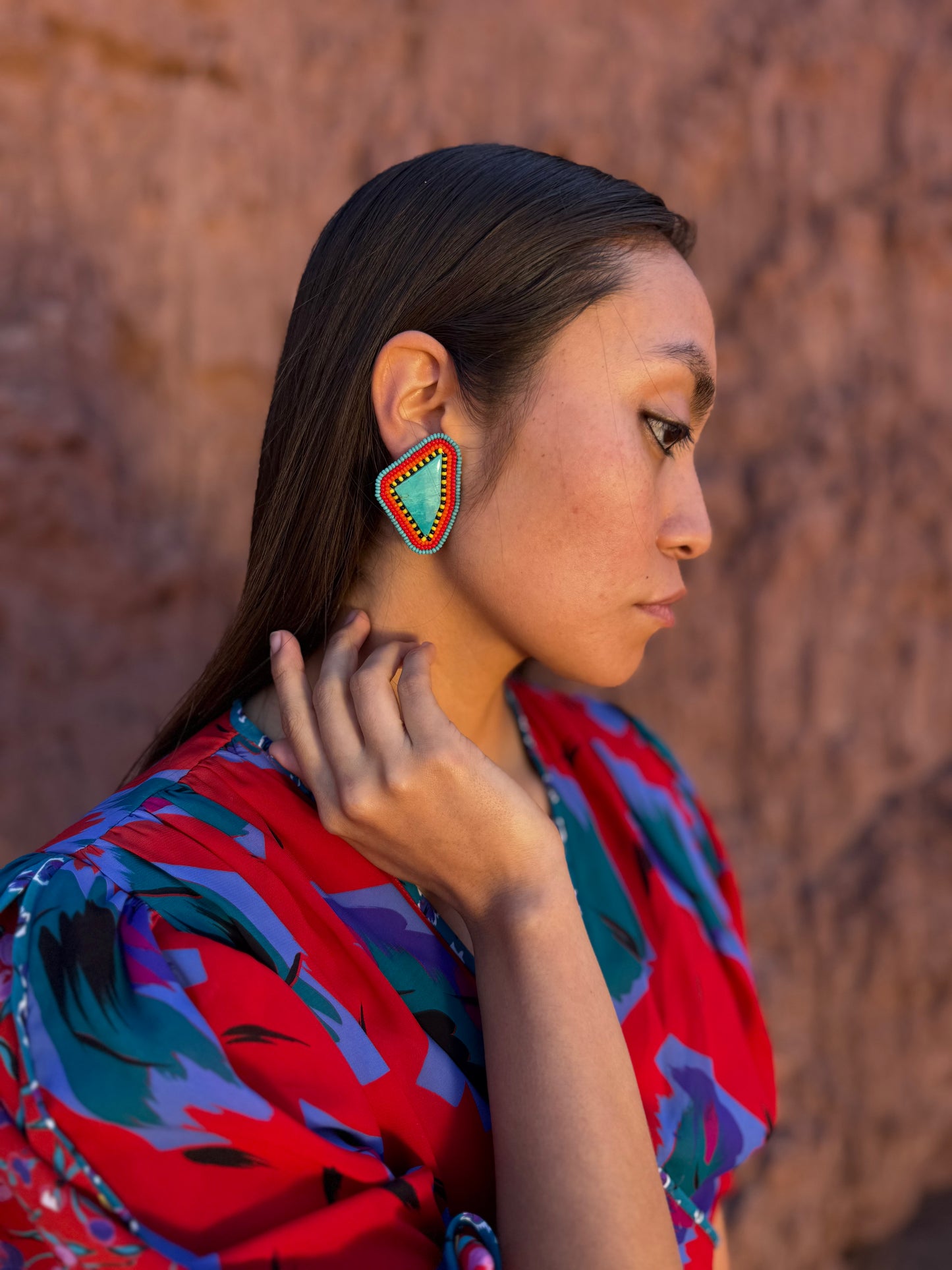 Vintage 70s Beaded Turquoise Geo Earrings