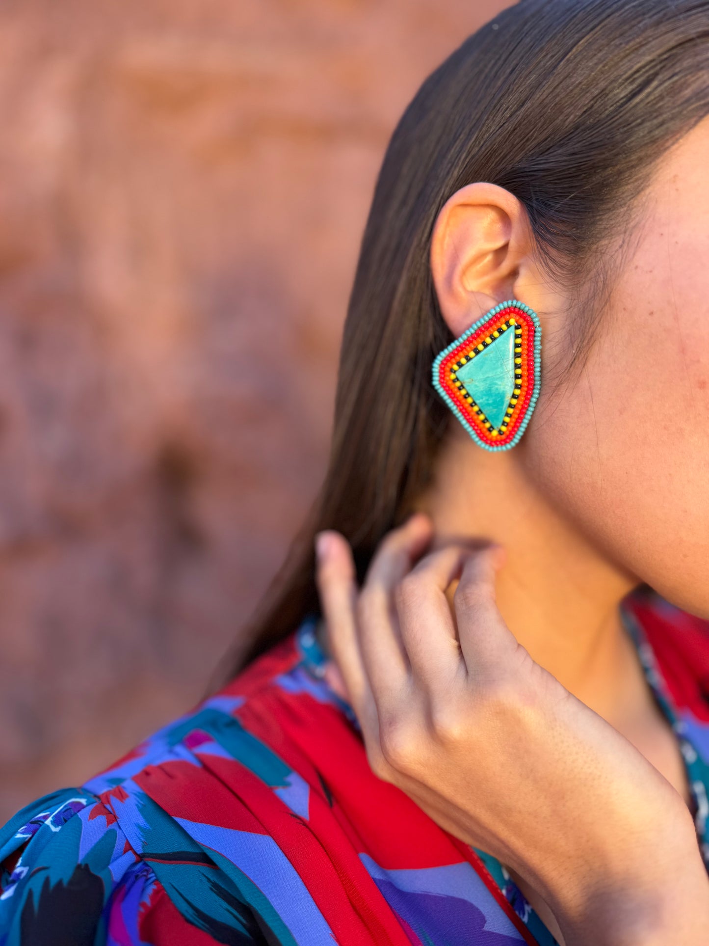 Vintage 70s Beaded Turquoise Geo Earrings
