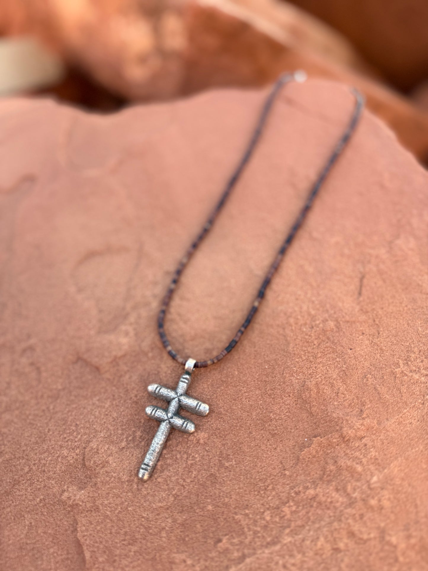 🤎 Vintage Pueblo Cross on Hand-Strung Heishi Necklace
