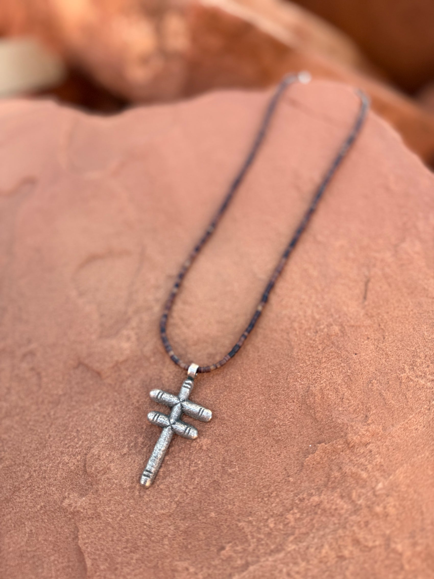 🤎 Vintage Pueblo Cross on Hand-Strung Heishi Necklace