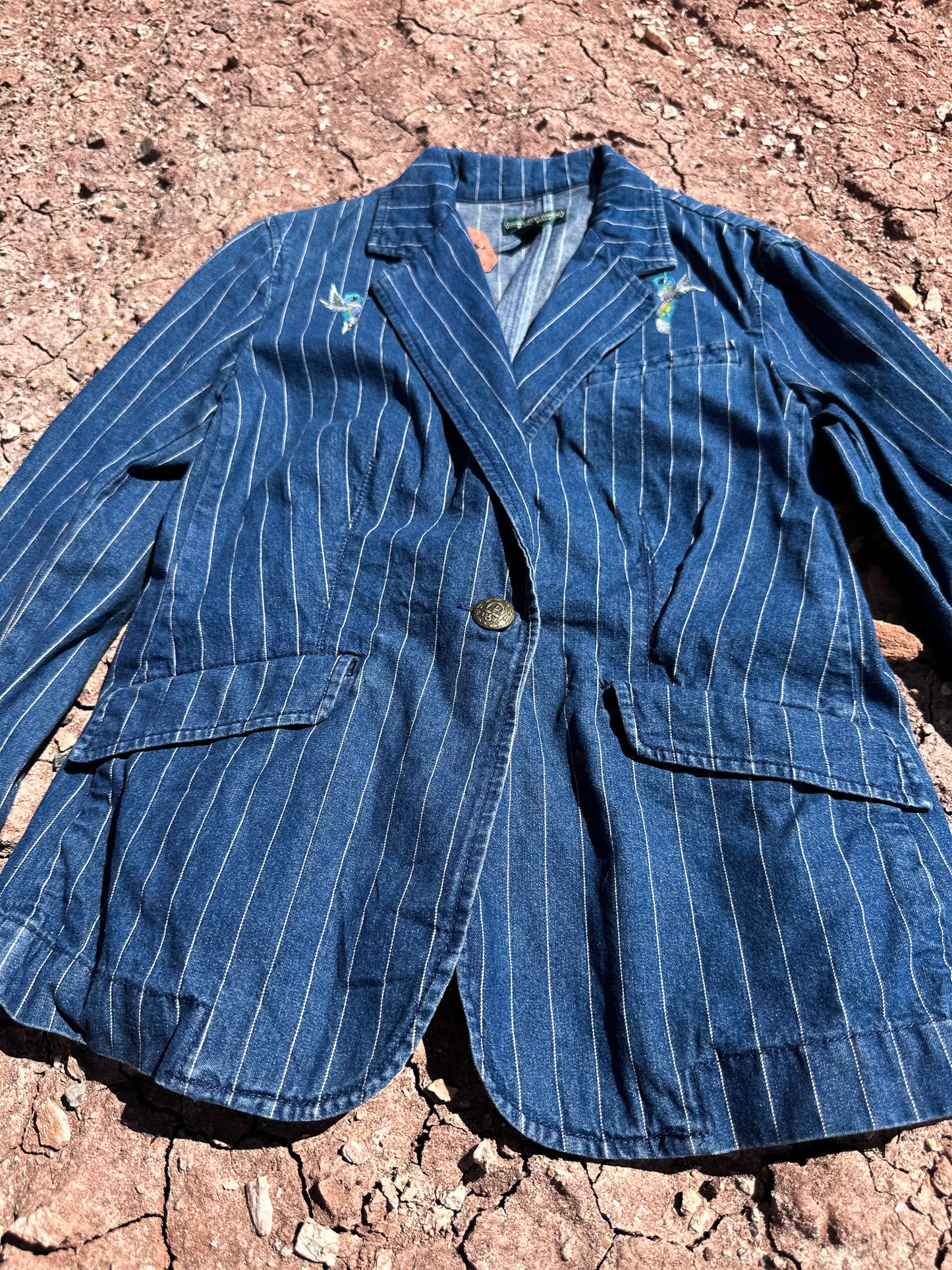 Upcycled Vintage Denim 80s Pinstripe (Dá’itii’hi’) Jacket Handpainted by Emily Jacket