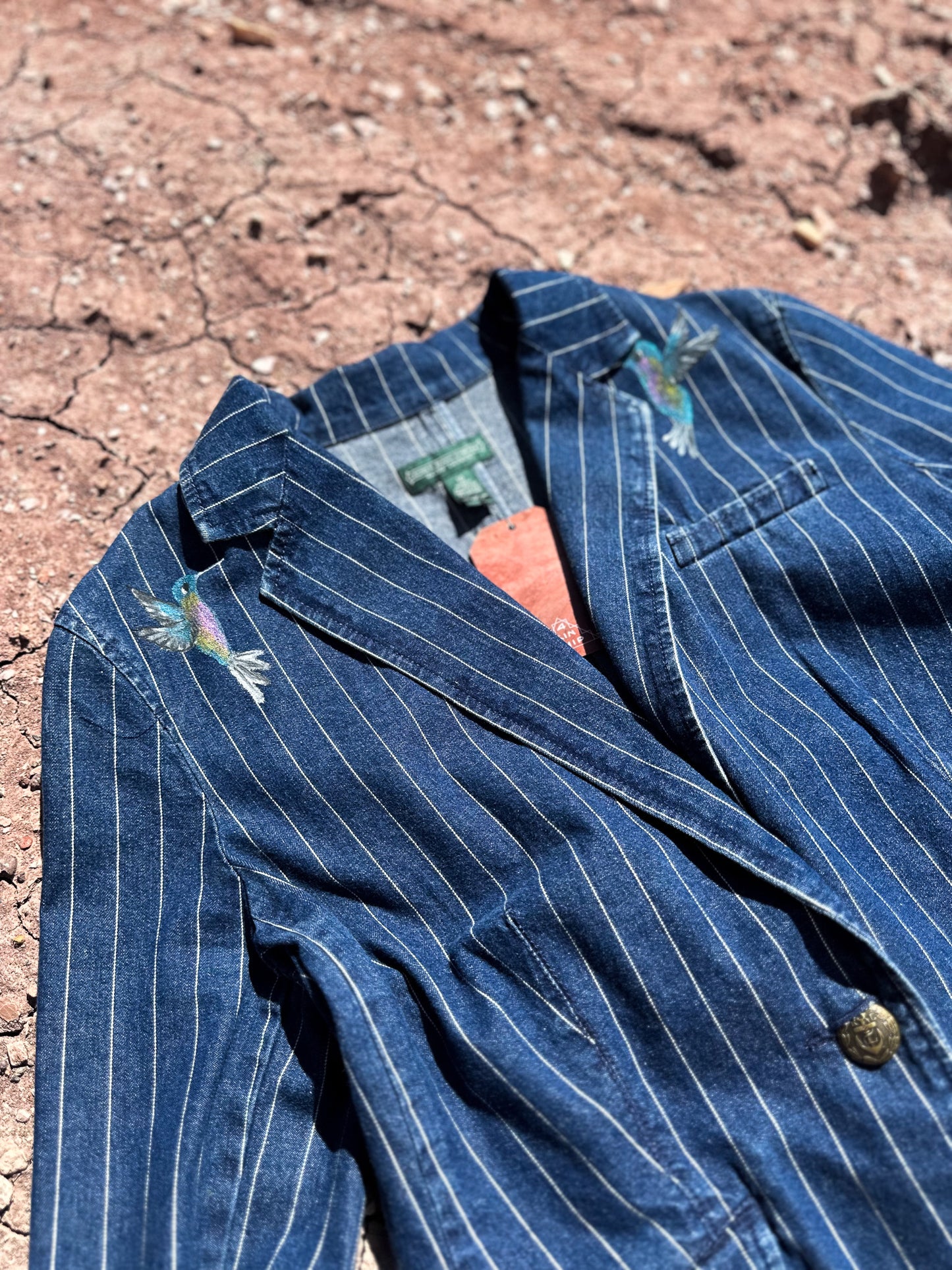 Upcycled Vintage Denim 80s Pinstripe (Dá’itii’hi’) Jacket Handpainted by Emily Jacket