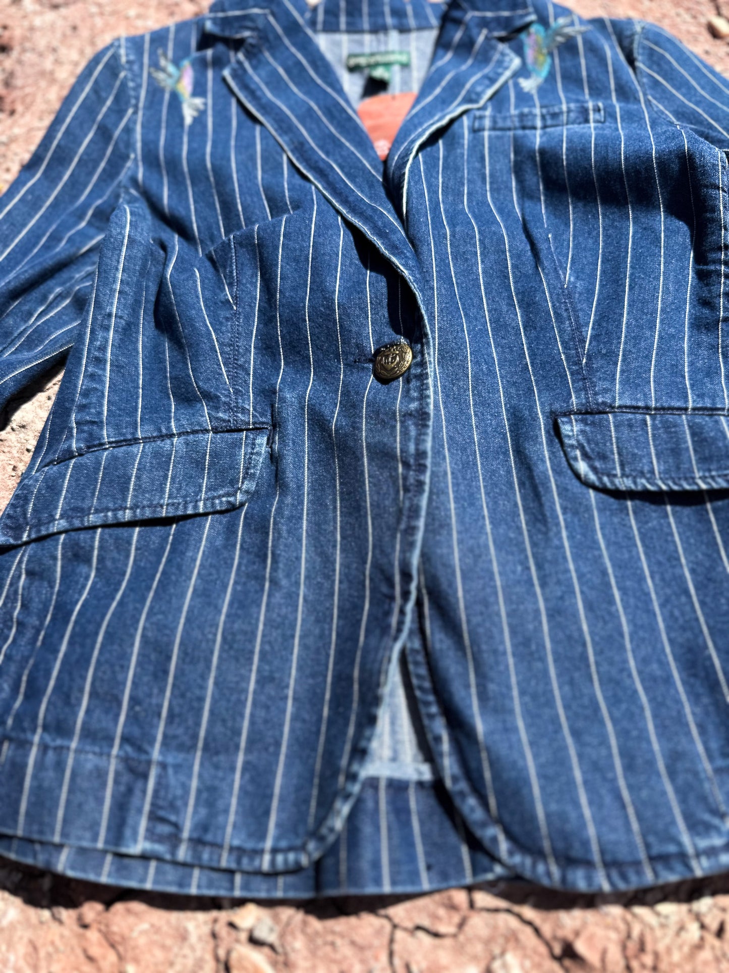 Upcycled Vintage Denim 80s Pinstripe (Dá’itii’hi’) Jacket Handpainted by Emily Jacket
