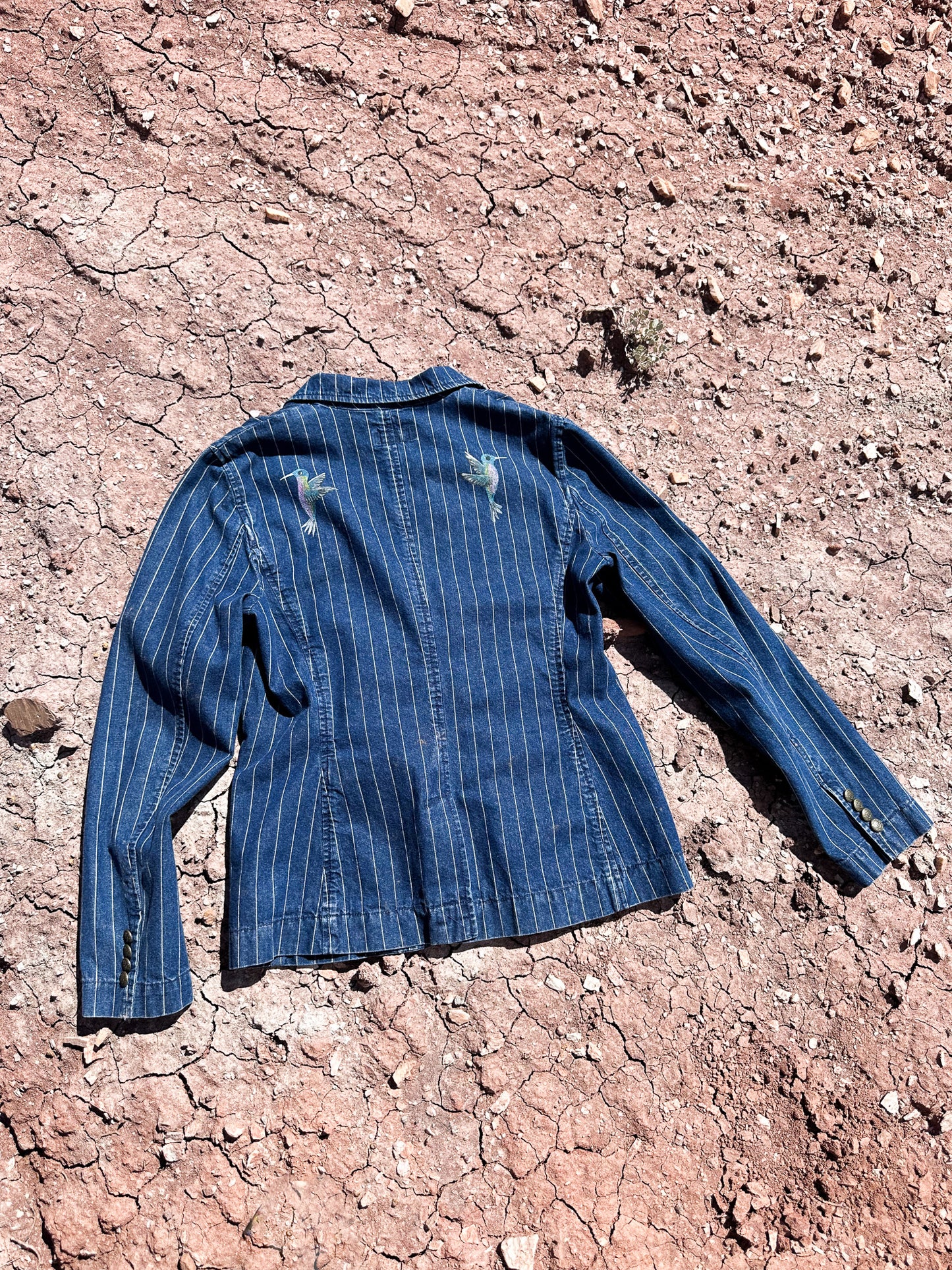 Upcycled Vintage Denim 80s Pinstripe (Dá’itii’hi’) Jacket Handpainted by Emily Jacket