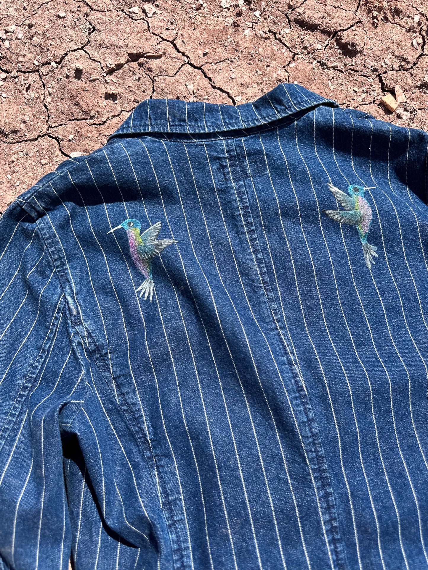 Upcycled Vintage Denim 80s Pinstripe (Dá’itii’hi’) Jacket Handpainted by Emily Jacket